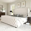 AMERLIFE Queen Size Platform Bed Frame, Velvet Upholstered Bed with Deep Button Tufted & Nailhead Trim Wingback Headboard/No Box Spring Needed/Cream