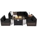 Tangkula 7-Piece Outdoor Patio Furniture Set with 42" Propane Fire Pit Table, Outdoor Wicker Conversation Set with Cushions and Tempered Glass Coffee Table, 50,000 BTU Gas Fire Pit Table (Black)