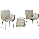 Outsunny 3 Pieces Outdoor Patio Bistro Set, Wicker Rattan Furniture 2 Chairs 1 Coffee Table with Metal Legs for Garden, Backyard, Deck, Light Grey