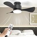 Small Black Ceiling Fan with Light and Remote, 28" Low Profile Ceiling Fan Light with 3 Color Temperature, 6 Speed, Quiet Reversible Flush Mount Ceiling Fan for Bedroom Outdoor, Ventilateur Plafond