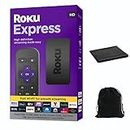 Roku Express (nuovo) | HD Roku Streaming Device con telecomando semplice (senza controllo TV), TV gratuita e in diretta, include panno di pulizia e custodia per il trasporto