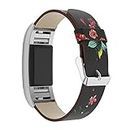Leather Watchband Replacement Compatible for Fitbit Charge 2 Smartwatch, Floral, Women's (Black_Red Flower)