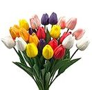 WISTART 24pcs Multicolor Artificial Tulips Flowers Fake Faux PU Tulip Bouquet Real Touch Flower Arrangement for Home Decoration Excellent Gift Idea for Mothers Day（Multi）