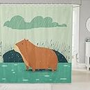 FJAUOQ Capybara Shower Curtain, Kawaii Capybara in The Rain Bathroom Shower Curtain, Woodland Natural Theme Waterproof Bathroom Curtains, Botanical Plants Bathroom Accessories, Brown Green 72" Wx72 L