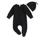 Chloefairy Newborn Baby Boy Girl Footie Romper Long Sleeve Jumpsuit Zipper Onesie Hat Coming Home Outfit Fall Winter Clothes, Black, 0-3 Months