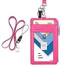 Wisdompro Badge Holder with Zip, Double Sided PU Leather ID Badge Card Holder Wallet Case with 5 Card Slots, 1 Side Zipper Pocket and 20 Inch PU Neck Lanyard/Strap - Hot Pink (Vertical)