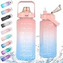 Half Gallon/64oz Daily Sports Water Bottle with Straw & Motivational Time Marker,BPA Free Plastic Water Jug,2 Liter Drinking Bottle for Fitness,Travel,Camp and Outdoor Sports(64oz/2000ml,Pink to Blue)