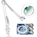LANCOSC Magnifying Glass with Light and Stand, 5 Inches 5X Real Glass Lens, 3 Color Modes Stepless Dimmable LED Desk Lamp, Adjustable Arm Magnifier Light for Reading Repair Crafts Close Work - White