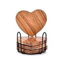 Samhita Acacia Wood Heart Shape Coaster Set of 4 With Iron Holder for Coffee Table Décor Housewarming Gift New Home Kitchen Décor (10.16cm x 10.16cm x 1.27cm)