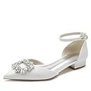 LYauocgW Women's Low Chunky Heels with Glitter Rhinestones Ankle Buckle Closed Toe Pointed Sandals Bridal Wedding Party Evening Prom Dance Shoes,White,8