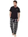 Mens Pyjamas Set Short Sleeve Top & Woven Long Bottoms Pants (Jet Black, X-Large)