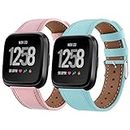 2 Pack Leather Bands Compatible with Fitbit Versa 2 / Versa/Versa Lite Bands, Leather Replacement Sport Versa Band for Women Men