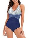 One Piece Bathing Suit for Women Tummy Control Criss Cross Back Swimwear V Neck Swimsuit Navy Blue Stripes 12-14