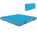Goplus Folding Gymnastic Mat, 4’ x 4’ x 4’’ Thicked Bi-Fold Fitness Mat with Carrying Handles & PU Leather Cover, Home Gym Exercise Mat for Yoga, Stretching, Pilates, Aerobics Workouts (Blue)