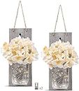 Ruiuzioong Rustic Grey Mason Jar Sconces for Home Decor, Decorative Chic Hanging Wall Decor Mason Jars with LED Strip Lights,Silk Hydrangea, Iron Hooks for Home & Kitchen Decorations (Pink)