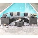 SUNSITT Outdoor Patio Furniture Sectional 7-Piece Half-Moon Curved Outdoor Sofa Set with Round Coffee Table, 4 Pillows & Waterproof Cover, Grey Rattan