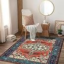 Guchuang Washable Rugs Living Room Area Rugs Terracotta Vintage Boho Large Non Slip Carpet Traditional Oriental Rugs Short Pile for Bedroom Dining Room Kitchen Soft Faux Wool Rugs 120x170cm
