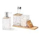 Acrylic Clear Bathroom Accessories Set 4-Piece Set Including Soap Dispenser, Toothbrush Holder, Cotton Swab Box, and Bamboo Tray - Transparent, Durable, and Stylish - Perfect Bathroom Set