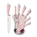 Kitchen Knife Set, Retrosohoo 9-Pieces Pink Sharp Non-Stick Coated Chef Knives Block Set,Stainless Steel Knife Set for Kitchen with Sharpener for Cutting Slicing Dicing Chopping (Pink)