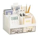 MNSZCN Desk Supplies Organiser with Transparent Drawers, Multifunctional Plastic Table Organiser, Office Desktop Storage Box, Stationery Clutter Container, White