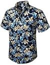 HISDERN Hombre Funky Hawaiian Floral Shirts Manga Corta Bolsillo Delantero Holiday Summer Aloha Printed Beach Casual Camisa Azul Marino Hawaii
