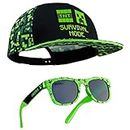 Minecraft Baseball Cap and Kids Sunglasses Set, Creeper Adjustable Boys Hat 100% UV Protection Kids Sunglasses Boys Holiday Accessories Gamer Gifts (Black/Green)