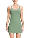 QUEENIEKE Women's Open Back Waistband Athletic Dress with Built in Shorts & Bra V Neck Workout Tennis Dresses (Hazy Green, M), Hazy Green