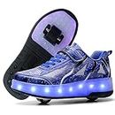 Qneic Roller Shoes USB Rechargeable Roller Skate Shoes Wheels Sneakers for Boys Girls Light Up Shoes Kids, 02-blue-double Wheels, 4.5 Big Kid