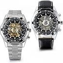 JewelryWe 2pcs Stainless Steel/Leather Band Automatic Mechanical Skeleton Wrist Watches for Men Women for Christmas