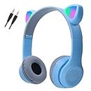 Blue Headphones for Kids, Megedream Cat Ear Led Light Up Kids Headphones Wiressless, 3.5mm Jack Wired, TF Card 3 in 1 Headset for Kids/School/iPad/Kids Tablet/Travel - Foldable