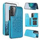 Anyisposs Phone Case for Samsung Galaxy S21 5G Wallet Case with Tempered Glass Screen Protector Card Holder Slots Stand Cover Flip Cases Cell Accessories Glaxay S 21 5G Gaxaly 21S G5 -G991U Men Blue
