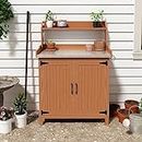 Outdoor Potting Bench with Storage, Wooden Garden Potting Table with Metal Tabletop and Removable Shelf, Potting Work Bench Station for Garden, Patio, Backyard