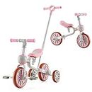 HONEY JOY 4-in-1 Toddler Tricycle, Kids Training Balance Bike w/Adjustable Parent Handle, 2-Level Seat Height & Reversible Handlebar, Push Trike for Toddlers 3-4 Years Old (Pink)