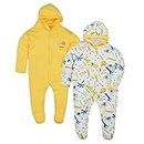 Appu Kids Front Open Full Sleeves Sleepsuit Hooded with Foot Easy Dressing and Diapering Romper Set of 2 (6-9 Months, Yellow)