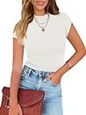 MEROKEETY Women's Short Sleeve Crewneck Ribbed Knit Tops Summer Casual Slim Fit Basic Tee Shirts, White, Medium