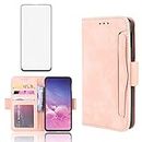 Phone Case for Samsung Galaxy S10e With Tempered Glass Screen Protector Card Holder Slot Stand Kickstand Shockproof Protective Wallet Purse Leather Flip Cover Glaxay S 10e S10 10 e Women Girls Pink