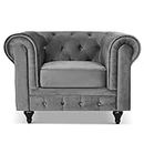 Bravich Velvet Chesterfield Armchair- Grey. Single Seater Arm Chair, Soft Plush Fabric Couch. Living Room Furniture, Easy Clean. Single Seater- 110cm x 90cm x 78cm