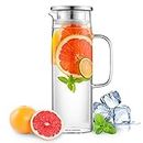 Ehugos Glass Water Pitcher, 1300ml Glass Pitcher with Lid Juice Pitcher Water Carafe Jug for Hot/Cold Water, Ice Tea and Juice Beverage