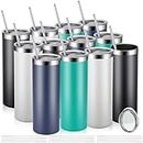 Remagr Skinny Tumblers 20 Oz Stainless Steel Tumbler Bulk with Lids and Straws Blank Slim Insulated Cup Double Layer Water Tumbler for Travel, DIY(White, Black, Navy, Green,12 Pcs)