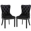 2X Velvet Dining Chairs Upholstered Tufted Kithcen Chair with Solid Wood Legs Stud Trim and Ring (Black)