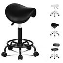 ALFORDSON Salon Stool Saddle Swivel Drafting Rolling Stools in 50-64.5cm Height Adjustable PU Leather Spa Stool with Footrest Wheels Hair Dress Backless Barber Chair for SPA Massage (Sierra All Black)