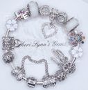PANDORA SILVER BRACELET WITH CRYSTAL HEART AND LOVE EUROPEAN CHARMS & GIFT BOX!