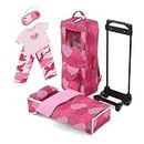 Emily Rose 18 Inch Doll Travel Carrier Luggage Case with Heavy Duty Rolling Trolley Cart, Removable 18-inch Doll Bed with Bedding and 3-Piece 18" Doll PJs Pajamas Set | Fits 15"-19" Dolls