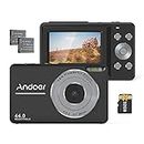 Andoer Digital Camera, 1080P Compact Camera 44MP 2.5 Inch Vlogging Camera with 16X Digital Zoom, 32GB Memory Card, 2 Batteries for Students, Teenagers, Girls, Boys, Black