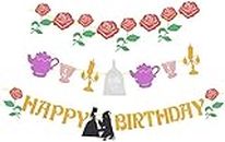 Beauty and the Beast Inspired Happy Birthday Banner, Belle Happy Birthday Rose Garland Kids Princess Party, Set of 3 Party Banners, Glittery Red Rose Banner, Colorful Banner with Different Characters, Party Supplies for Birthday, Theme Parties, Beauty and Beast Decorations