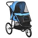 PawHut Pet Stroller Jogger for Medium, Small Dogs, Foldable Cat Pram Dog Pushchair w/Adjustable Canopy, 3 Big Wheels - Blue
