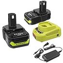 CELL9102 2Packs 18V Battery and Charger Combo for Ryobi 18-Volt Cordless Tools Battery and P118B Charger, 18V Battery Capacity Output 3.0Ah