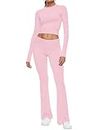 AnotherChill Women's 2 Piece Lounge Sets Fold-over Flare Pants Set Long Sleeve Cropped Top Casual Outfits Pajamas, Pink, Medium