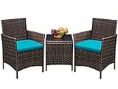 Greesum 3 Pieces Patio Furniture Sets Outdoor PE Rattan Wicker Chairs with Soft Cushion and Glass Coffee Table for Garden Backyard Porch Poolside, Brown and Blue