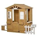 Outsunny Playhouse for Kids Outdoor with Door Windows Mailbox Flower Pot Holder Serving Station Bench Natural